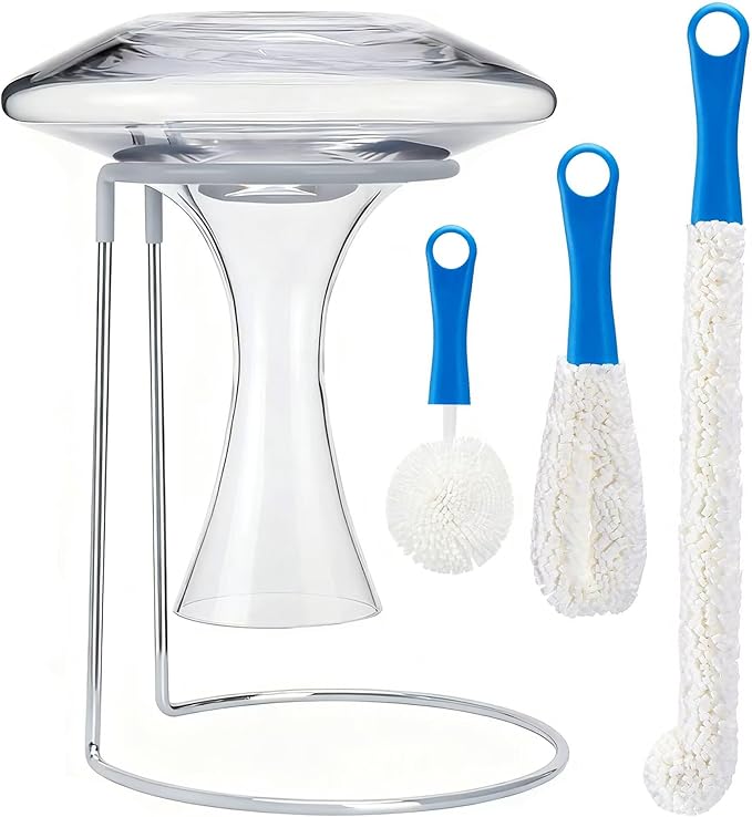 Wine Decanter Drying Stand with Cleaning Brush,Wine Decanter Drying Rack Holder with Rubber Coated Top Drainer Stand Dryer Rack for Standard Large Wine Decanters