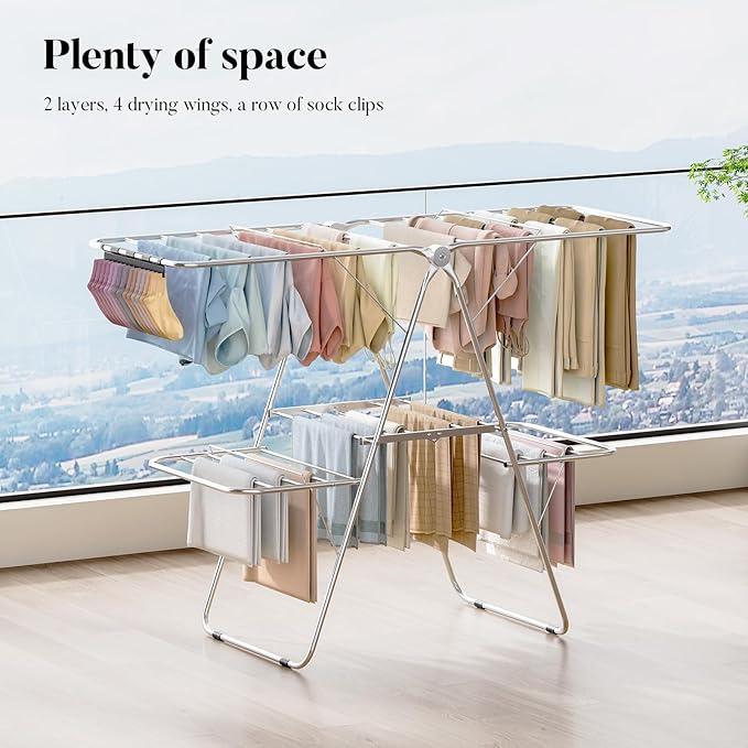 APEXCHASER Clothes Drying Rack with 4 Wings, Stainless Steel Drying Rack Clothing with Sock Clips, Metal Connectors, Height-Adjustable, Foldable Laundry Drying Rack, Indoor Outdoor Use, No Assembly