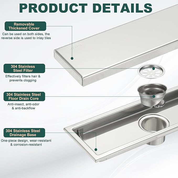 uxcell Rectangular Shower Drain, Brushed 304 Stainless Steel Odor-Proof Floor Drain Linear Shower Drain Hair Catcher for Bathroom Kitchen and Laundry Room(12 Inch, Bright Silver)