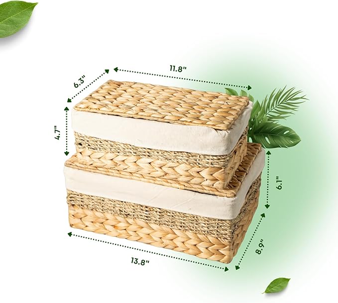 Wicker Storage Baskets with Lid and Lining, Built-in Carry Handles, Set of 2 Handwoven Water Hyacinth Storage Baskets For Organizing, Home Decoration, 2 Pack, Natural