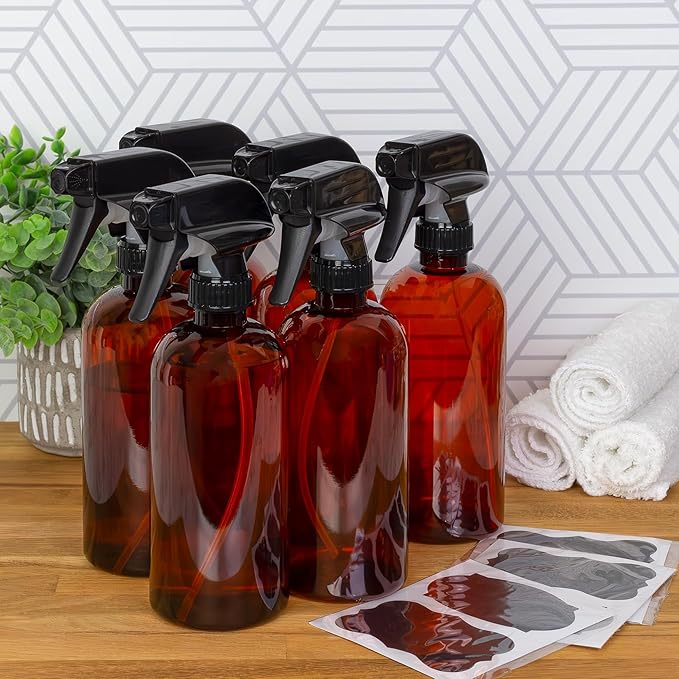 Cornucopia Brands 16oz Amber PLASTIC Spray Bottles w/Heavy Duty Mist & Stream Sprayers & Chalkboard Labels (6-pack); PET #1 Plastic Bottles, BPA-Free