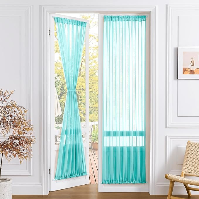 Tollpiz Sheer Door Curtain Closet Linen Textured Curtain Sheers Doorway Light Filtering Voile French Door Rod Pocket Curtains Patio Door, 25 x 80 inches Long, Aqua Blue, Set of 1 Panel