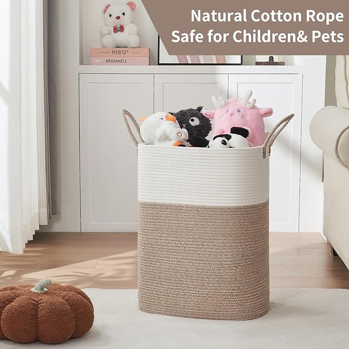 Laundry Basket with Handles - Blanket Basket & Hampers for Bedroom Aesthetic, Laundry Hamper & Blanket Storage for Living Room, Clothes Hamper, Tall, Large 17" x 14" x 26”, White & Rice Brown