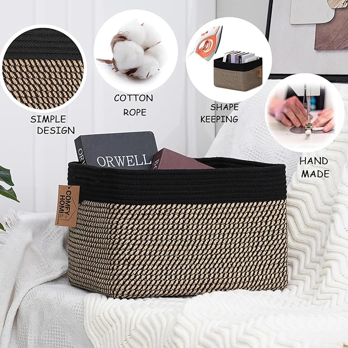 COMFY-HOMI 3PACK Cotton Rope Square Basket with Handles for Shelves|Dog Toy Bin and Storage|Baby Gift|Shoe Organizer|New 13.5" x 11" x 9.5" for Living Room (Black/Jute)