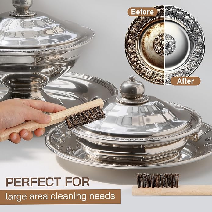 TAKAVU Horsehair Detail Brush Set, Silver Cleaning Brushes & Polish Cloth for Silverware Plateware Jewelry