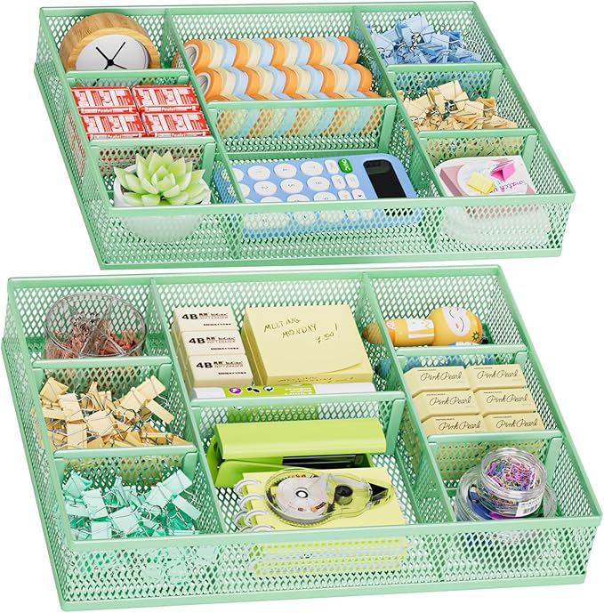 Marbrasse 2 Pack Desk Drawer Organizer, Mesh Drawer Organizer Tray with 8 Adjustable Compartments, Desk Organizers and Accessories, 5 Dividers Drawer for Office Supplies, Makeup & Vanity (Green)