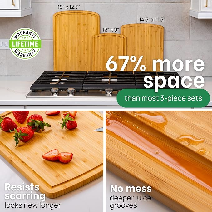 Wood Cutting Boards for Kitchen for Chopping Vegetables, Carving Meat, Slicing Bread and Serving Charcuterie for Meal Time Prep, Holiday Gatherings, and Hosting Parties - Ideal for Home Chefs
