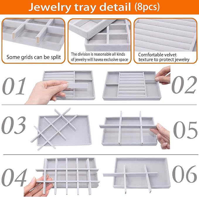 Jewelry Storage 8PACK, Velvet Jewelry Organizer Trays, 4PCS Stackable Jewelry Tray for Drawers, Grey Organizer for Rings, Earrings, Necklaces, Watches, Bracelets, Brooches