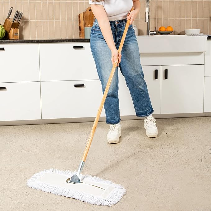 Commercial Dust Mop & Floor Sweeper, 24 in. Dust Mop for Hardwood Floors, Cotton Mop Head, Wooden Broom Handle, Industrial Dry Mop for Floor Cleaning & Janitorial Supplies