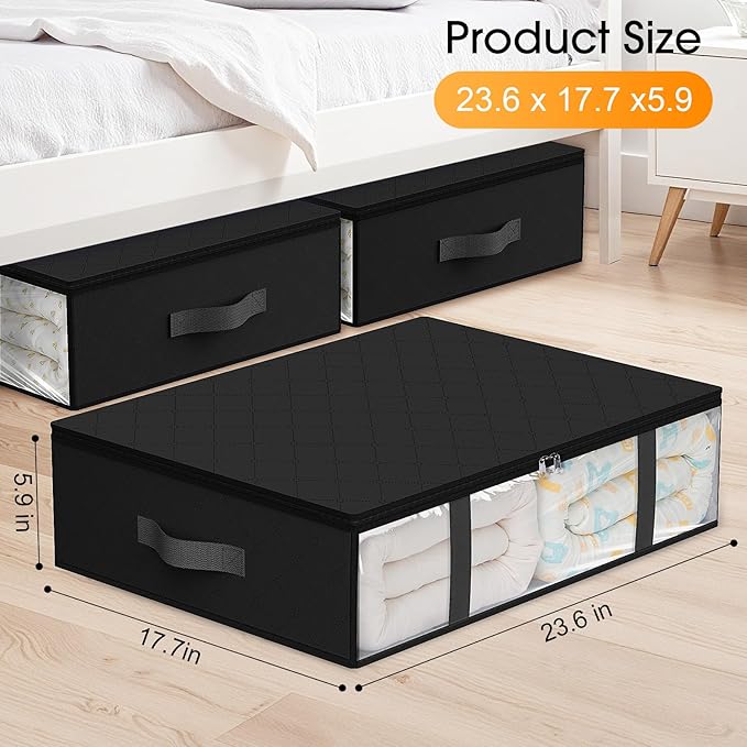 StorageRight Under Bed Storage Bins, 8-Pack 40L Foldable Fabric Storage Bags with Transparent Window, Breathable Organizer for Clothes/Blanket/Comforter/Quiltr, Black