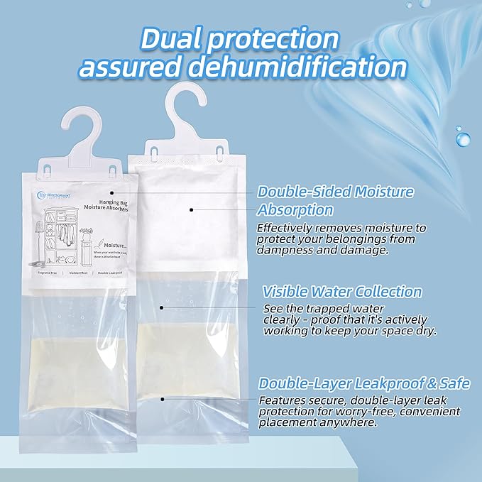 Moisture Absorber Hanging Bags 12 Pack - 7 oz Fragrance-Free Dehumidifier for Closet, Bathroom, Bedroom – Double Leak-Proof Design & Dual-Sided Absorption