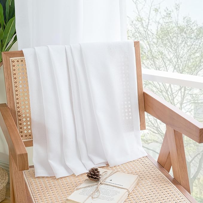 YoungsTex Short White Linen Curtains 45 Inch Length 2 Panels for Window, Semi Sheer Drapes Light Filtering with Rod Pocket Back Tab Lightweight for Cafe Kitchen Bathroom, 42 X 45 Inch