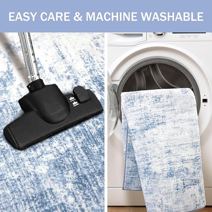 IOHOUZE Abstract Area Rugs 9x12 Ft Washable Large Rugs for Living Room, Non Slip Dining Room Rug, Printed Faux Wool Rugs for Bedroom, Floor Carpet for Office Nursery Playroom, Light Blue White