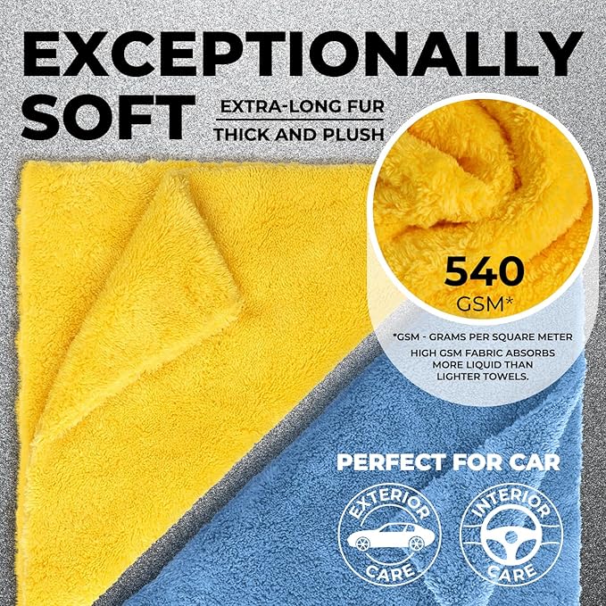 Edgeless Microfiber Towels for Cars – 6pk (12”x12”) - 540 GSM - Super Soft Detailing & Buffing – Scratch-Free & Absorbent Microfiber Cleaning Cloths for Car Polishing