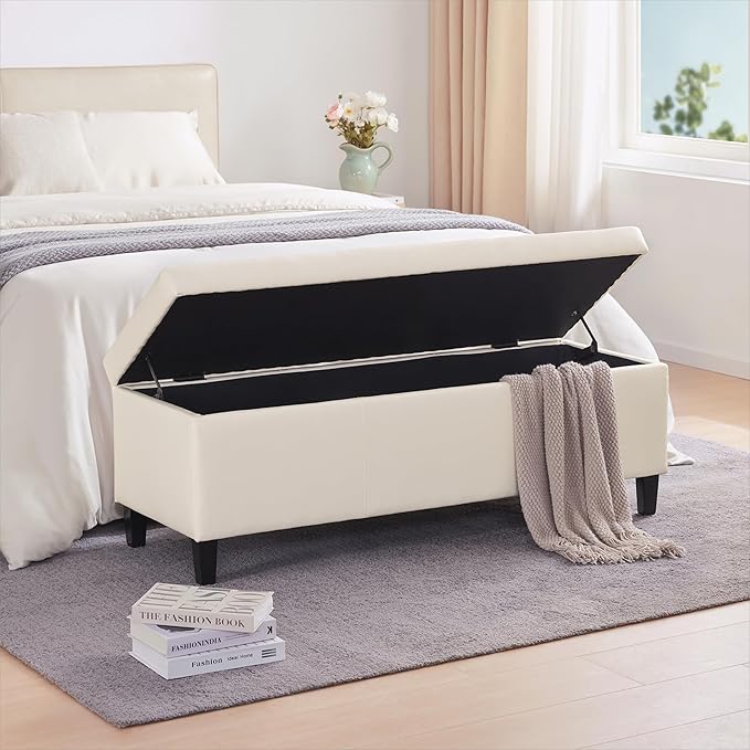 HUIMO Faux Leather Storage Ottoman Bench 50.3 inch Extra Long Upholstered Bedroom Bench with Large Storage Space for The Living Room, Entryway, Bedroom Hold Up to 300lbs (Cream)