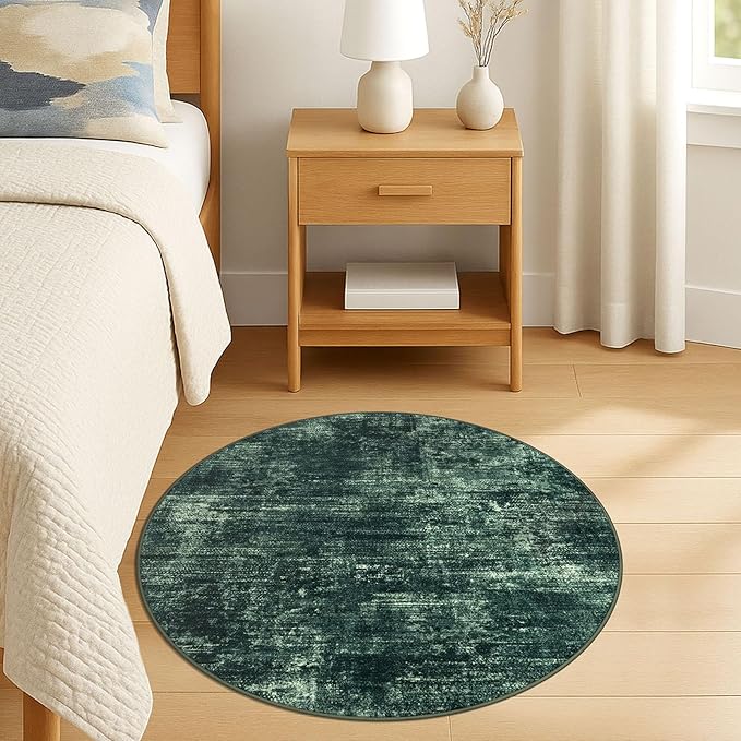 IOHOUZE Round Area Rug 3 Ft Circle Entryway Rugs Round Washable Door Mat Indoor Entrance, Non Slip Circle Front Door Rug, Printed Abstract Faux Wool Floor Carpet for Foyer Porch Sink, Dark Green