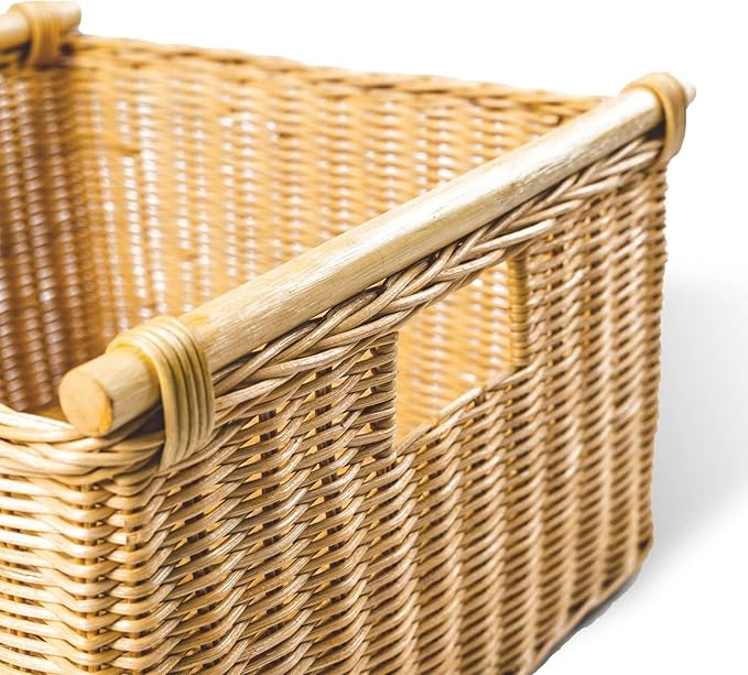 The Basket Lady Deep Pole Handle Wicker Storage Basket, Medium, 13.5 in L x 14 in W x 9 in H, Sandstone