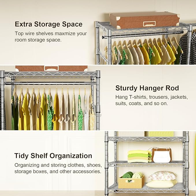 Ulif E1 Heavy Duty Closet Garment Rack, 6 Tiers Adjustable Metal Freestanding Expandable Clothing Storage with 4 Hanger Rods, Easy to Assemble Wardrobe, 71.4" H x (70" - 88.2") L x 14" D, Chrome