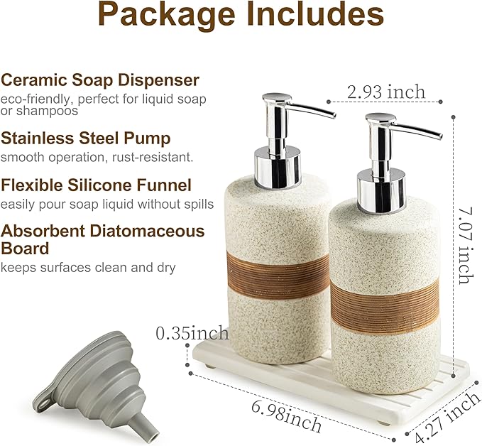 2-Pack Ceramic Soap Dispensers Set, Includes Stainless Steel Pump, Silicone Funnel and Diatomaceous Tray, Hand Soap, Dish Soap, Shampoo and Conditioner Dispenser for Bathroom & Washroom, White