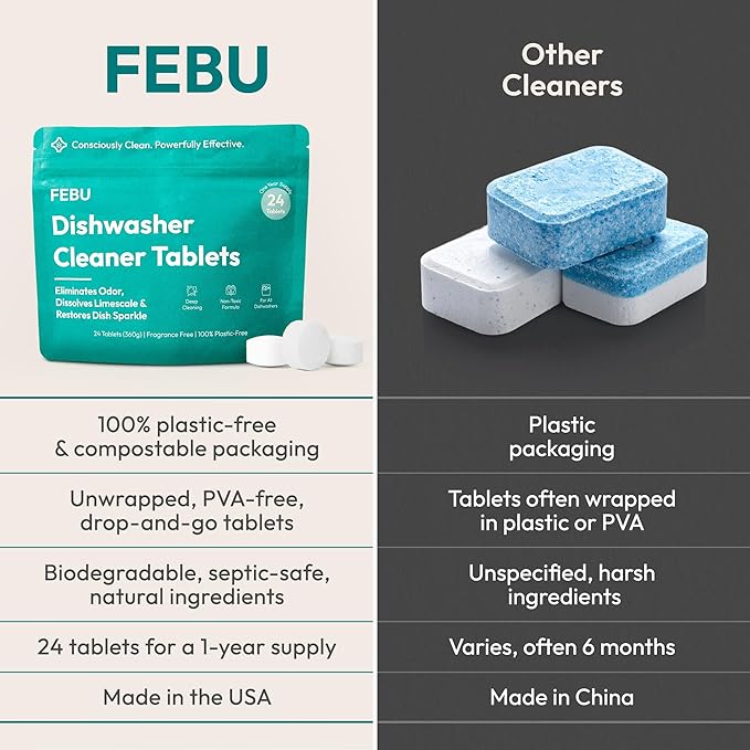 FEBU Dishwasher Cleaner Tablets Made in USA | Natural Dishwasher Cleaner and Deodorizer | Eliminates Grease & Grime | 8 Natural, Biodegradable, Plant-Based Ingredients | 24 Tablets - 12 Month Supply