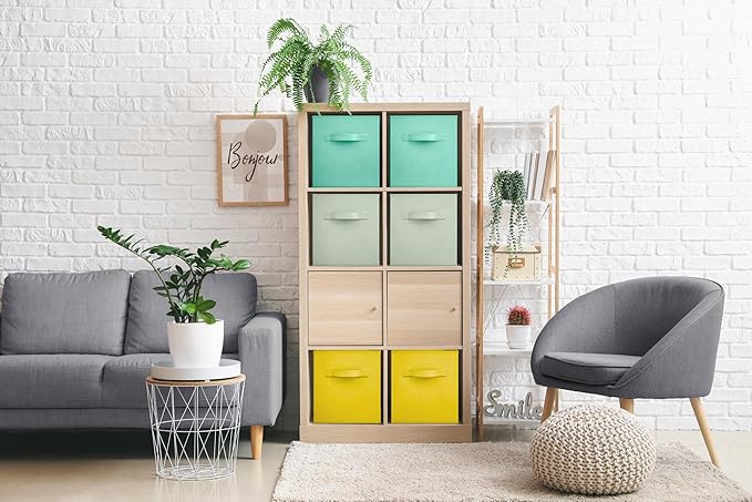 Sorbus Storage Cubes - 11" Foldable Storage Bins with Handle for Nursery, Playroom, Closet Organizers and Storage - 6 Fabric Shelf Basket for Toys, Books, Clothes - Green Yellow & Blue Storage Bins
