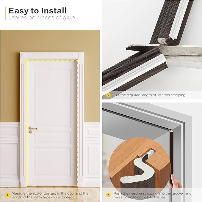 Weather Stripping Door Seal Strip - Soundproof Q-Shaped Foam for Exterior Door Frame, Large Gap Seal, Noise Cancelling, Easy to Install (Brown, 40FT)