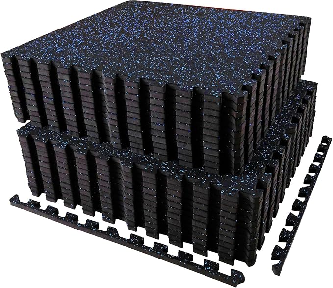 AIRHOP 0.56in Thick 96 Sq Ft Exercise Equipment Mats, 24Tiles Upgraded Rubber Top with High Density EVA Foam, Large Interlocking Puzzle Gym Flooring for Home Gym, Heavy Weight Workout, Black & Blue