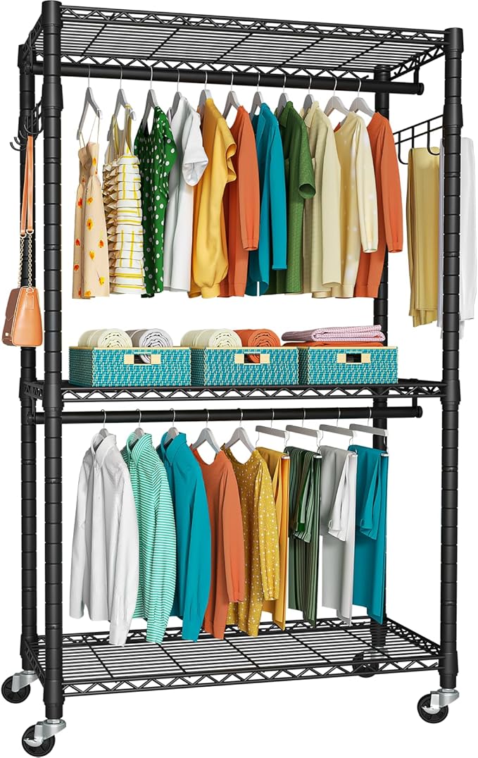 FUTASSI P1 Heavy Duty Garment Rack, 3 Tiers Adjustable Rolling Metal Closet Organizer with Lockable Wheels, FreeStanding Wardrobe with Double Hanger Rods & 1 Pair Hooks, Max Load 450 LBS, Black