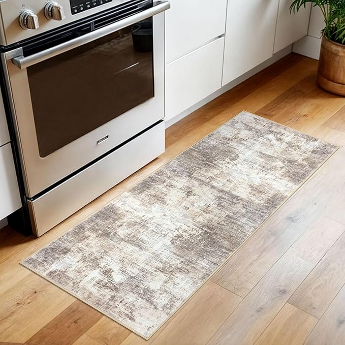IOHOUZE Abstract Runner Rug 2x5 Ft Washable Runners for Hallways, Non Slip Kitchen Runner Printed Faux Wool Entryway Runner Indoor, Modern Abstract Floor Carpet for Hall Kitchen Bedroom, Beige Brown