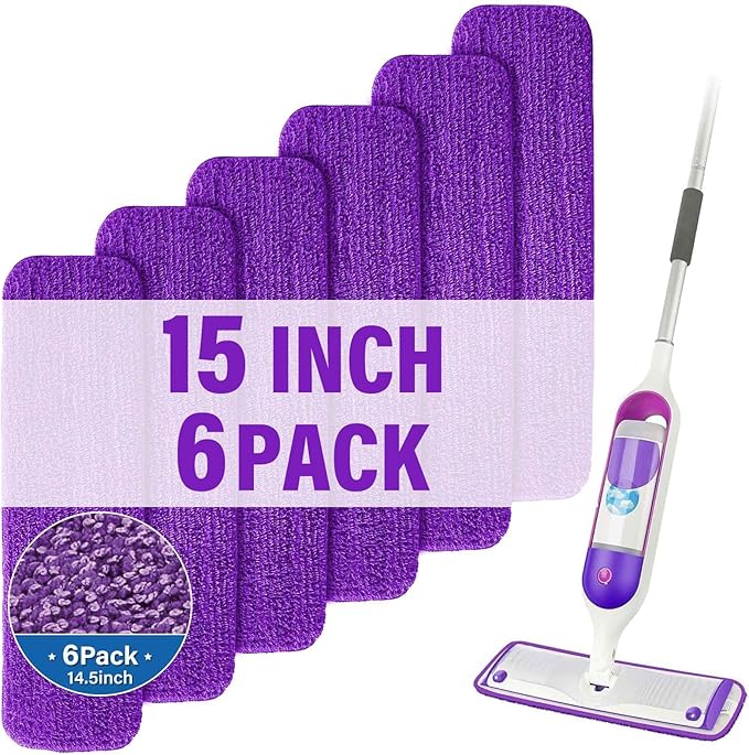 15 inch Mop Pads Refills, 6 Pack Microfiber Reusable Replacement Mop Pads Flat Replacements Heads for Wet Or Dry Floor Cleaning and Scrubbing, Purple Cloth