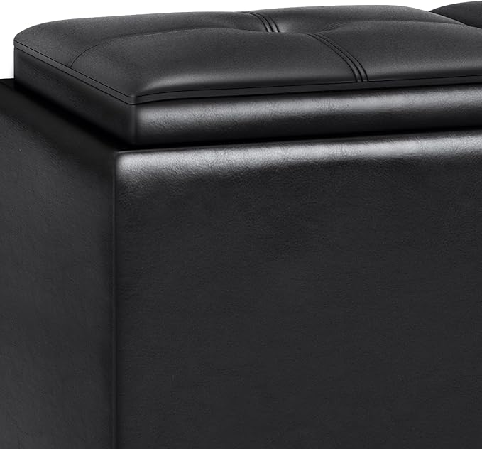 SIMPLIHOME Avalon 42 inch Wide Contemporary Rectangle Tray Storage Ottoman with Lift Up Lids in Midnight Black Vegan Faux Leather, Assembled, for the Living Room, Entryway and Family Room