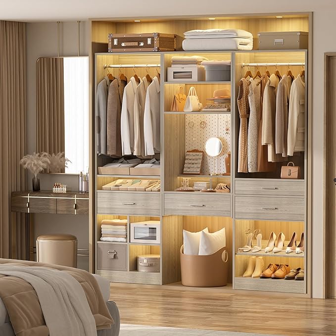 Unikito 75” Modular Closet System, Freestanding Closet Organizer with Hanging Rods, Drawers, Adjustable Clothes Garment Rack with Shoe Rack, Sturdy Walk in Closet Set for Bedroom, Mudroom, White Oak