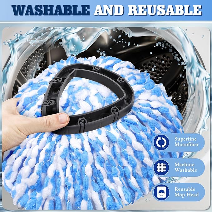4 Pack Spin Mop Replacements Heads Compatible for Oceda RinseClean 2-Tank System,Microfiber Spin Mop Refills Head,1 Gray Mop Scrub Brush + 1 Mop Base + 4 Pack Easy Cleaning Mop Head Replacement