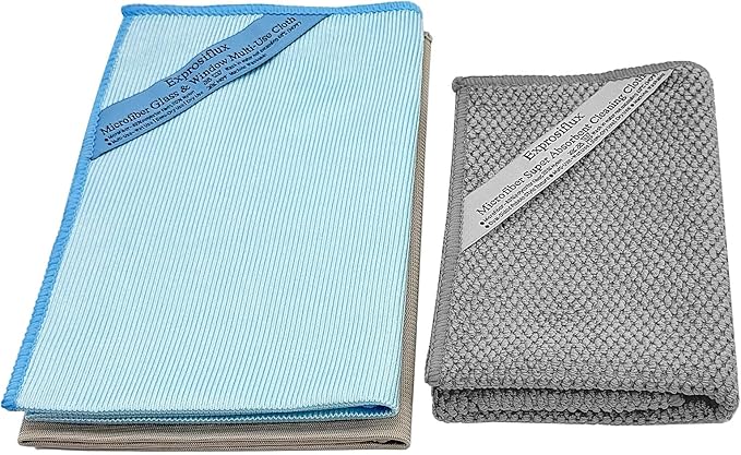 2-Step Glass Cleaning Cloth 3-Pack - Lint-Free Microfiber Towels Polish & Scrub Kit - Water Only Streak-Free for Windows, Cars, Mirrors - Blue, Brown, Gray