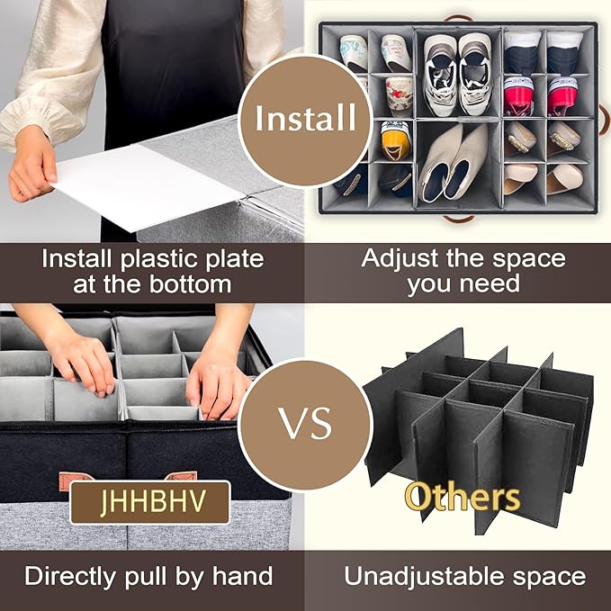 2 Pack Shoe Organizer for Closet, Adjustable Shoe Box Storage Containers, Large Foldable Shoe Bins with Clear Cover, Space Saving Shoes Holder with 4 Handles, Fits 24-48 Pairs, Black
