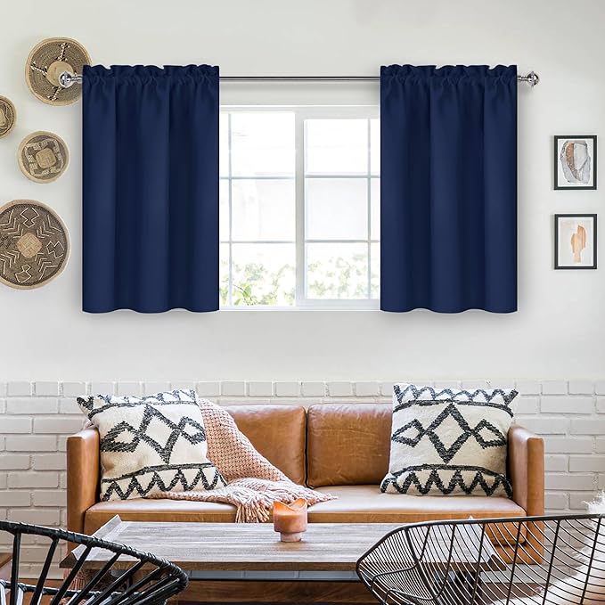 DWCN Short Curtains for Bathroom Windows 36 inches Length 2 Panels Set, Half Small Window Blackout Curtains for Kitchen, Rod Pocket Energy Saving Drapes (W42 x L36 Inch, Navy Blue)