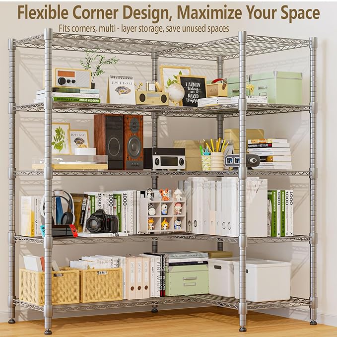 Himimi 72"W Wire Rack Shelving-2000LBS Capacity, Adjustable Storage Shelves Metal Shelves for Storage, 5-Tier Heavy Duty Wire Organizer for Kitchen, Garage, Pantry, 72" W x 18" D x 72" H, Silver Grey