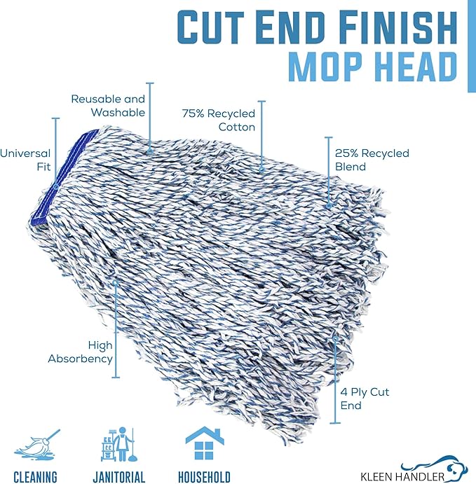KLEEN HANDLER Cut End Finish Mop | 1.25" Universal Headband, Maximum Absorption Finishing Mop, Pack of 1