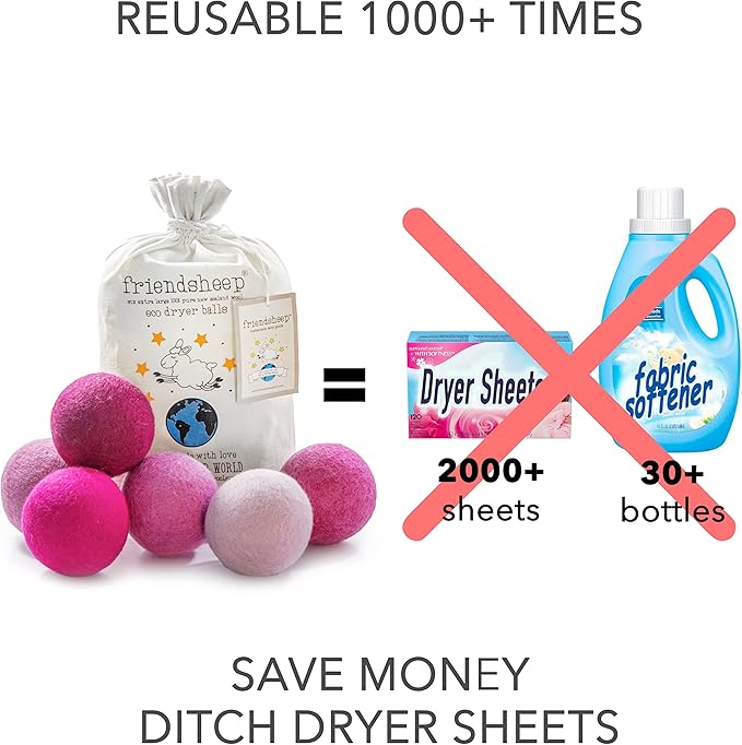 Friendsheep Wool Dryer Balls, Organic Reusable Fabric Softener Alternative for Laundry, Handmade, Fair Trade, Hypoallergenic, Eco-Friendly, Plastic-Free (6 Pack XL - Pink Valentine)