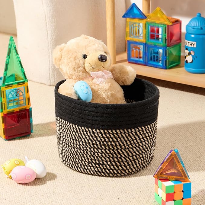 Small Basket for Organizing | Cube Shelf Closet Storage Baskets | 9.7×9.7×7.1” | Woven Rope Gift Basket | Nursery | Round 3 Packs Black Brown