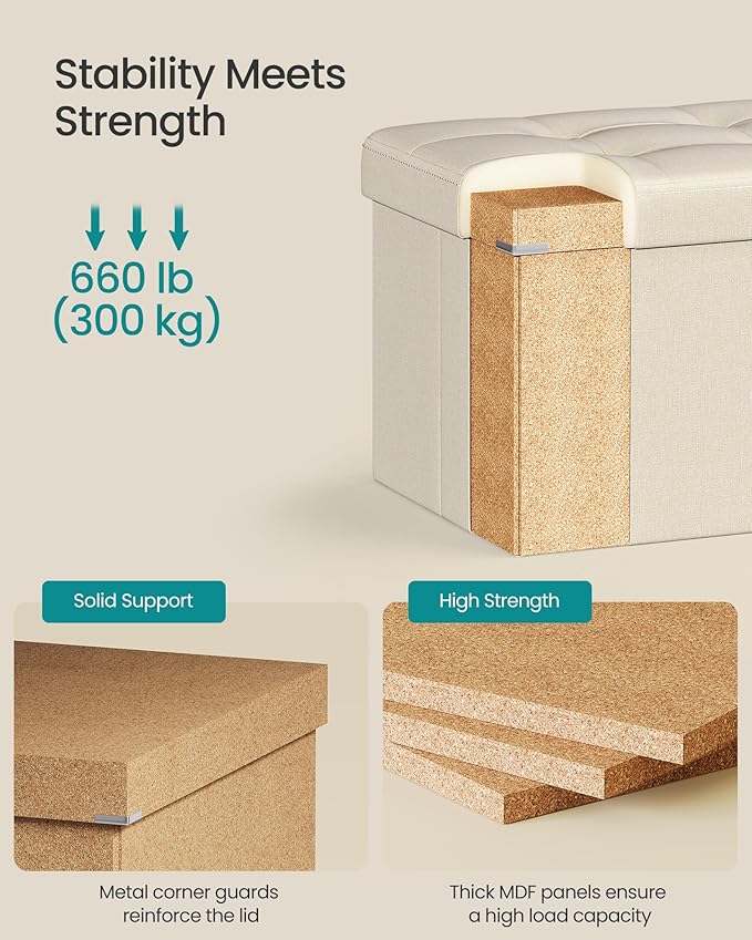 SONGMICS MAZIE Collection - 30 Inches Folding Storage Ottoman Bench, Ottoman Foot Rest, End of Bed Bench, Storage Chest, Load 660 lb, for Living Room, Bedroom, Entryway, Cream White ULSF47BE