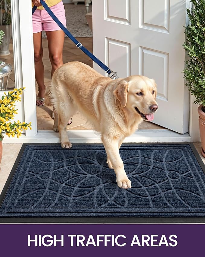 DEXI Front Door Mat Outside Entrance, Heavy Duty Non Slip Low Profile Doormat for Entryway, Trap Dirt and Moisture Welcome Mats, Easy Clean, Patio, Garage, 5x3, Blue