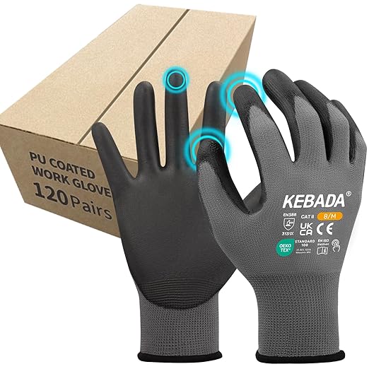 Kebada Safety Work Gloves,120 Pairs Bulk Pack, Touchscreen, PU Coated, Ideal for Warehouse, Construction, Gardening and Mechanics, Grey, X-Large