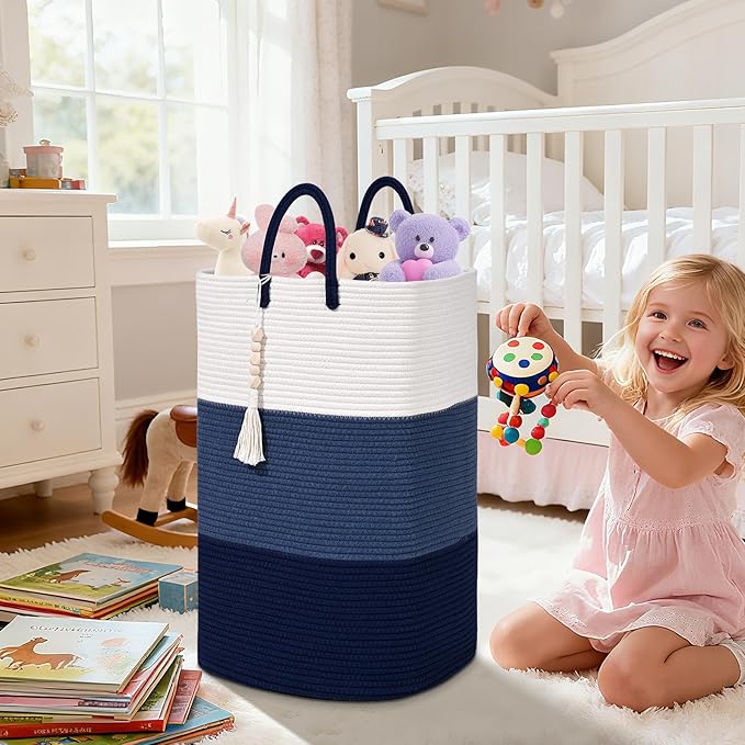 Woven Laundry Basket for Clothes,100 L Large Rectangle Laundry Hampers with Beads Tassel, Nursery Storage Basket for Toys, Tall Dirty Clothes Hamper for Bedroom Aesthetic, Laundry Room Organization