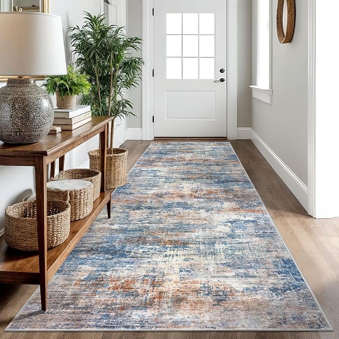 IOHOUZE Abstract Runner Rug 3x10 Ft Washable Runners for Hallways, Non Slip Kitchen Runner Printed Faux Wool Entryway Runner Indoor, Modern Abstract Floor Carpet for Hall Bedroom, Blue Rust