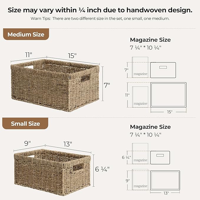 StorageWorks Wicker Storage Baskets, Large and Small Baskets, Handwoven Seagrass Basket for Organizing, Decorative Organizers with Built-in Handles, Set of 2