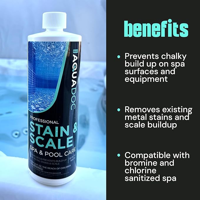 Spa Stain and Scale Control for Hot Tubs, Scale Metal & Stain Control for Hot Tubs, Prevent & Remove Stains in Hot Tubs with Our Hot Tub Water Softener & Spa Descaler Chemical - AquaDoc 32oz