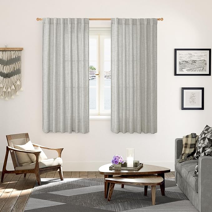 YoungsTex Light Grey Linen Curtains 63 Inches Length 2 Panels for Living Room - Textured Semi Sheer Drapes with Rod Pocket Back Tab Light Filtering for Bathroom Bedroom, 52 X 63 Inch