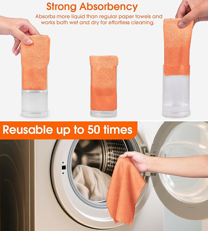 Roll of Microfiber Cleaning Cloth –100 Pack, Tear Away Microfiber Towels, Reusable, Washable, Scratch-Free, Cleaning Supplies,Kitchen Towels for Car, Home, Kitchen, Dishes(Honey Orange)