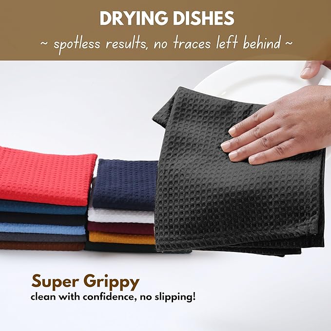 Native Fab Cotton Kitchen Towel with Hanging Loop 16x26 inches, 12-Pack, Waffle Weave Kitchen Towels for Cleaning Drying, Washcloths Soft & Absorbent Cloth Rags, Bar Towel, Dish Cloth, Black